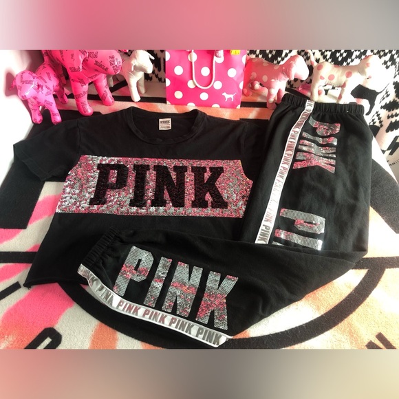 PINK Victoria's Secret Tops - Rare Pink Victoria's Secret Sequin T-shirt with Matching Joggers Set